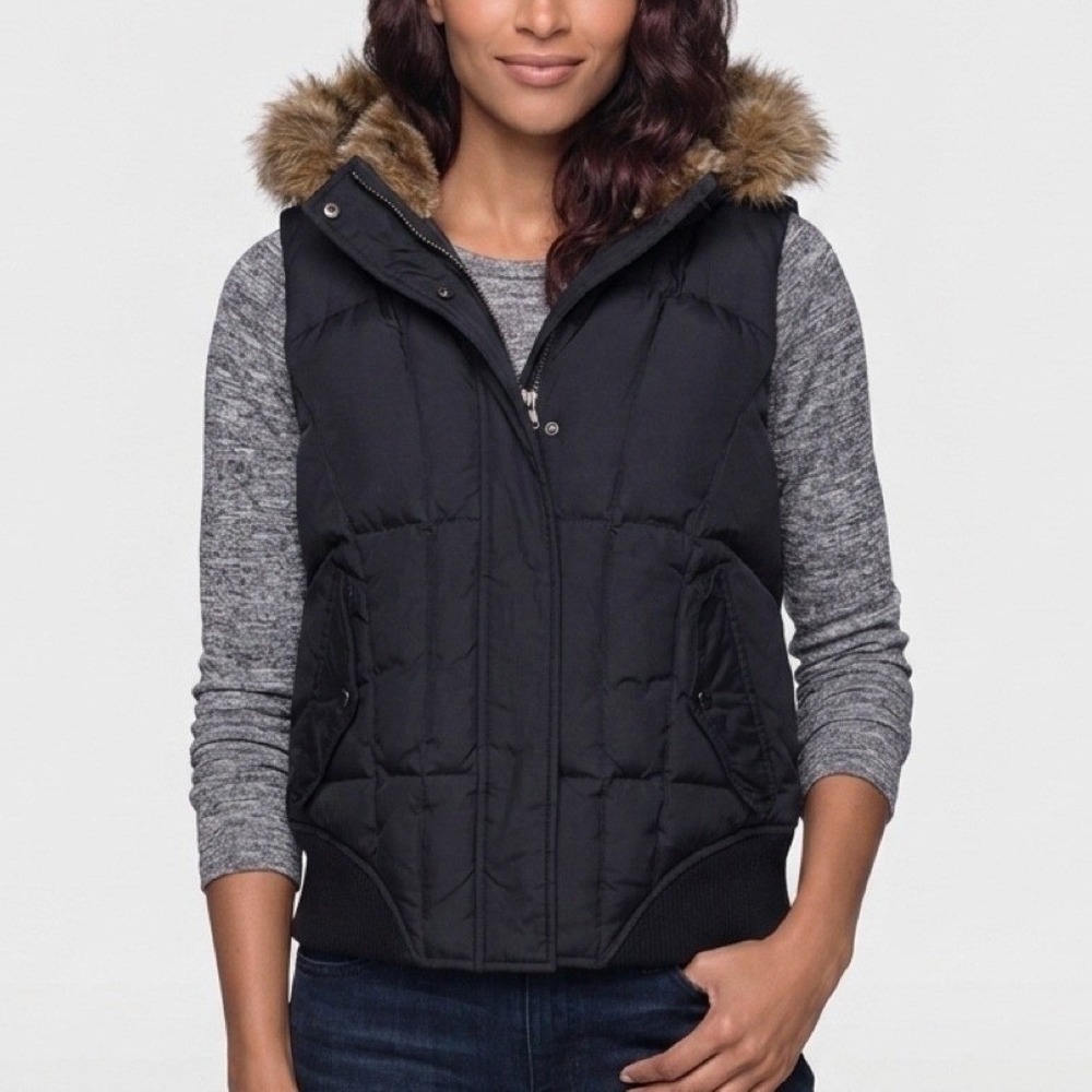 calvin klein jeans puffer vest womens large blackβ sleeveless faux fur hood warm